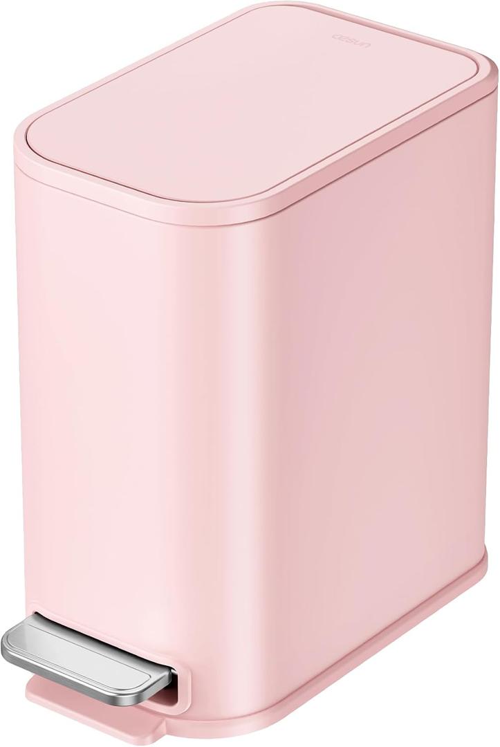 Cesun Small Bathroom Can with Lid Soft Close, Step Pedal, 5 Liter / 1.3 Gallon Stainless Steel Garbage Can with Removable Inner, Waste Basket for Bathroom, Bedroom (Pink)