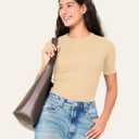 BAMBOO COOL Women's Seamless Tight T-Shirts Slim Fit Basic Ribbed Tees Short Sleeve Crew Neck Top (L)