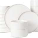 Famiware Porcelain Dinnerware Set, 24-Piece Modern Plate and Bowl Set, dish set for 8, Microwave and Dishwasher Safe Tableware, White