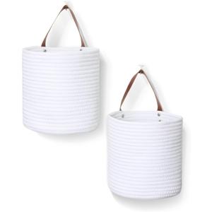 2 Pack Hanging Basket, Small Wall Baskets for Organizing, Wicker Boho Wall Decor Set, Indoor Hanging Plant Holder, Rattan Woven Storage Bin for Home Decor, Farmhouse Storage Box, White