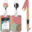 Mandala ID Badge Holder with Lanyard,Retractable Badge Holders Reels,Lanyards for ID Badges,Vintage Keychains,Badge Clips for School Office Pack of 2