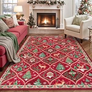 Lahome Christmas Rugs for Living Room, 5x7 Print Reindeer Rugs for Bedroom Aesthetic Large Washable Carpet, Soft Christmas Tree Non Slip Stain Resistance Dining Room Carpet for Under Table, Red 