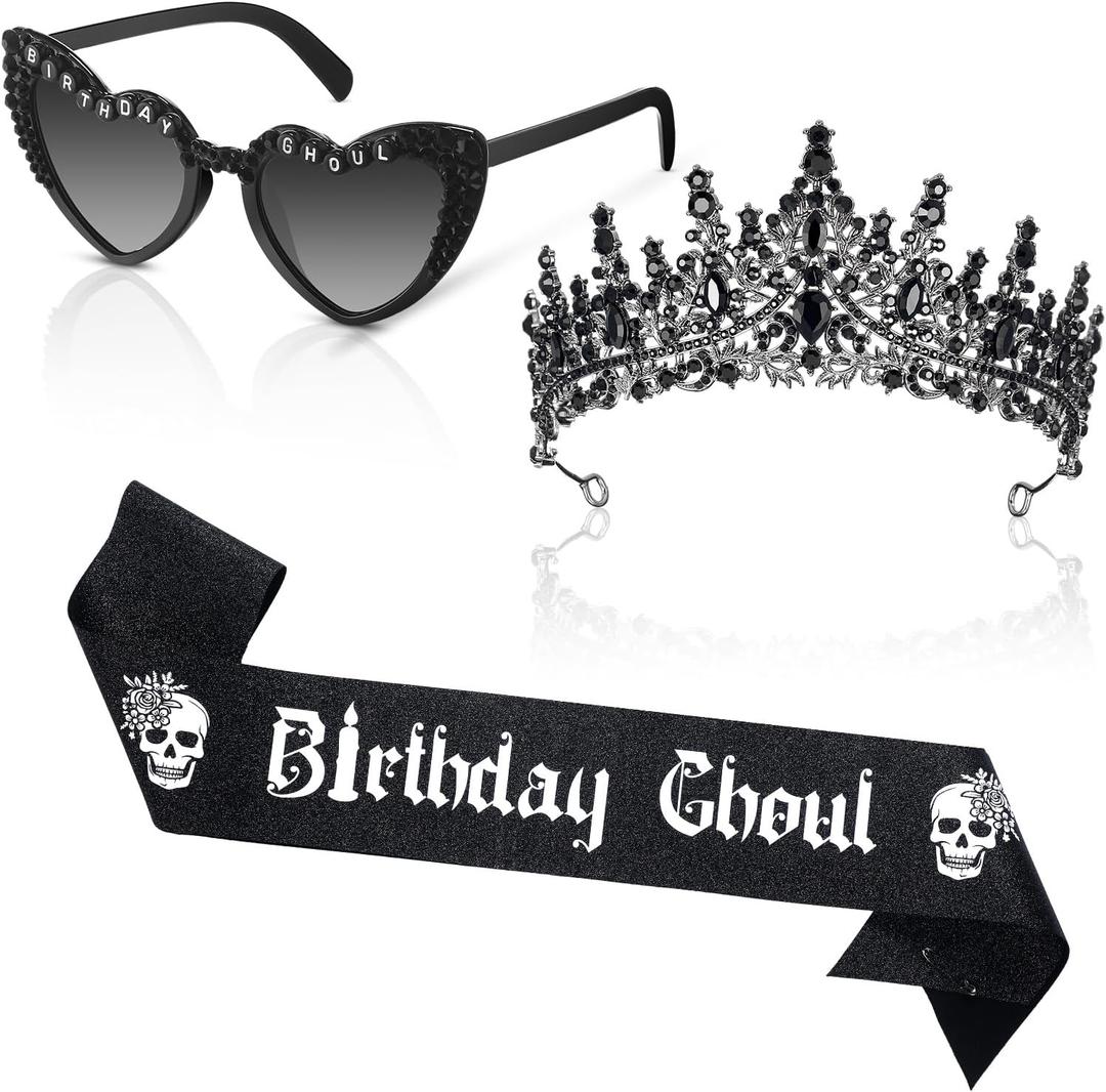 3 Pcs Birthday Ghoul Party Accessories Set Gothic Black Sparkling Diamond Crown Sash Death to My 20s/30s Sunglasses for Women Ghost Spooky Emo Bday Costume Gift Birthday Party Decoration