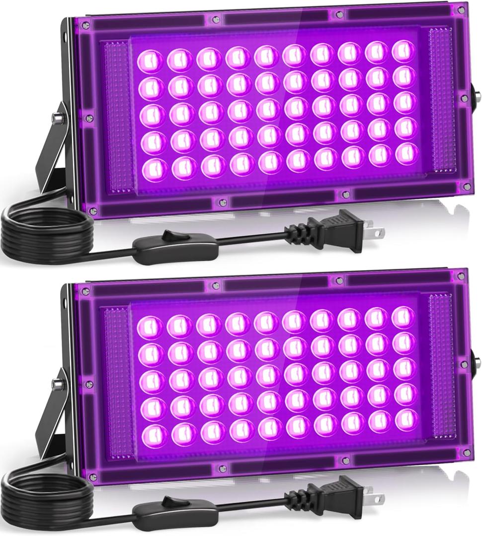 2 Pack 50W LED Black Light, Black light Flood Light for Glow Party IP66 Waterproof, Outdoor Black Lights with Switch & Plug for Halloween, Glow in The Dark, Neon Party, Poster, Birthday