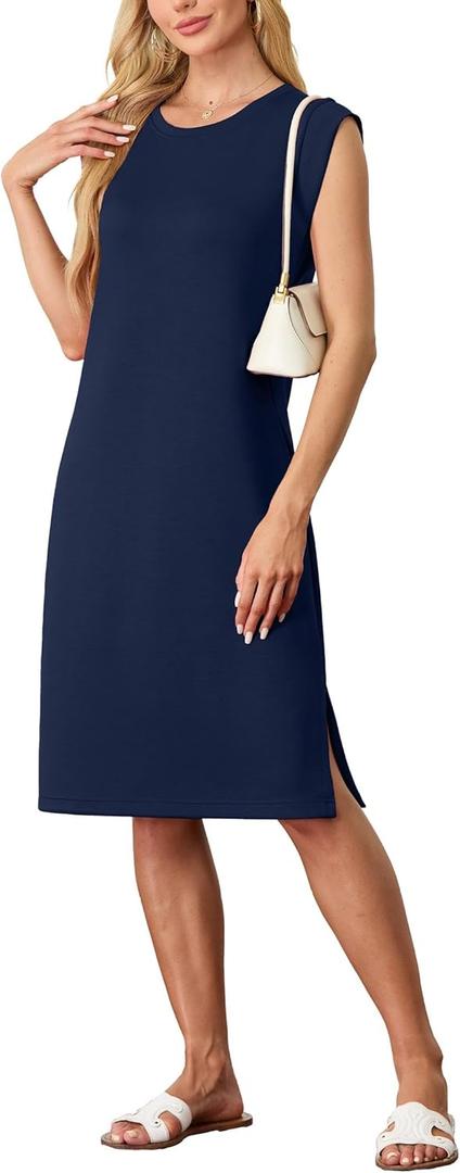 GRECERELLE Womens Summer Round Neck Loose Split Casual Midi Beach Dress with Pockets (X-Large, Navy Blue)