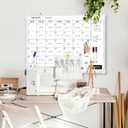 Monthly Whiteboard Calendar for Wall, 24" x 18" Dry Erase Board with Plastic Frame, Hanging Dry Erase Calendar with 3 Mini Sticky Notes for Kitchen Planner, Memo, Home and Office, White
