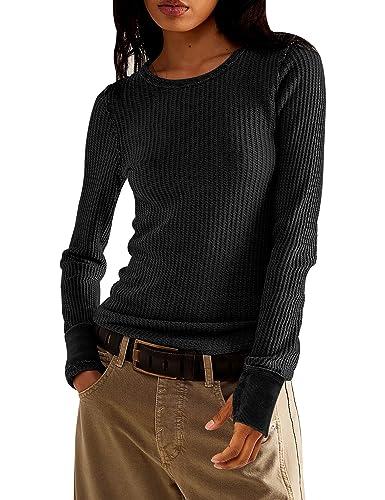 morhuduck Women's Waffle Knit Tops Long Sleeve Shirts Casual Slim Fitted Crew Neck Pullover Shirts,Black L