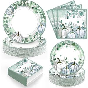 Homlouue 200 PCS Fall Paper Plates and Napkins Blue Pumpkin Plates, Thanksgiving Plate Disposable for Fall Theme Party Harvest Thanksgiving Decoration,Watercolor Pumpkin Paper Plate Serve 50 Guest