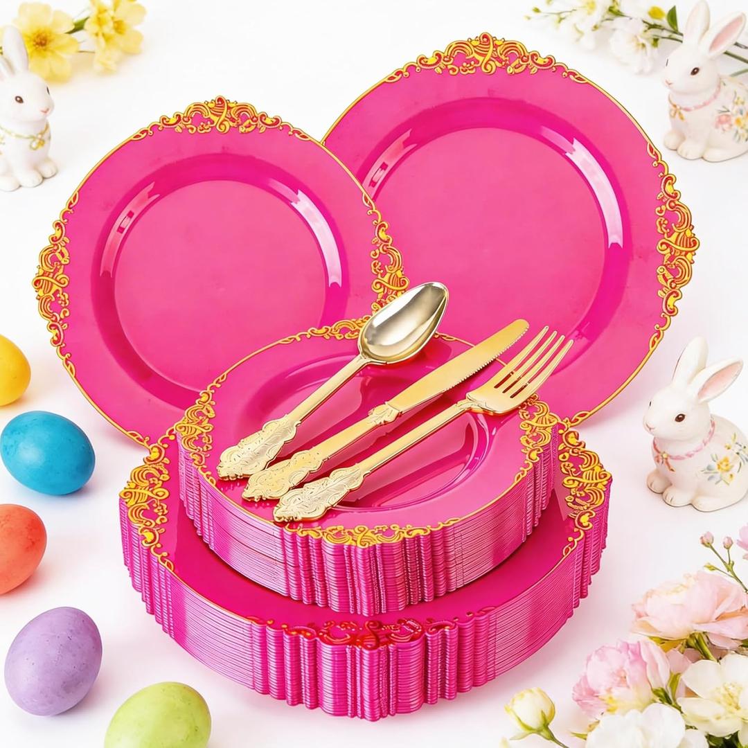 Joyido 125PCS Hot Pink Plastic Plates  Pink Disposable Plate  Elegant Easter Party Plates with Gold Plastic Silverware Sets for 25 Guests for Wedding & Birthday Party & Baby Shower & Easter