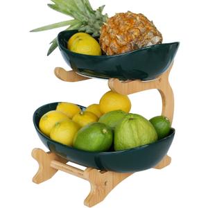 2 Tier Fruit Basket,Ceramic Fruit Bowl for Kitchen Counter,Fruit Basket for Kitchen,Fruteros para Cocina,Large Green (Large(9.45"x8.45"x9.65"))