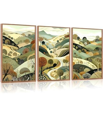 Aurlan Abstract Mountain Landscape Wall Art Set(16”x24”), 3 Pieces Green Forest Nature Framed Canvas Artwork, Large Boho Minimalist Watercolor Scenery Wall Decor for Office Bedroom Living Room