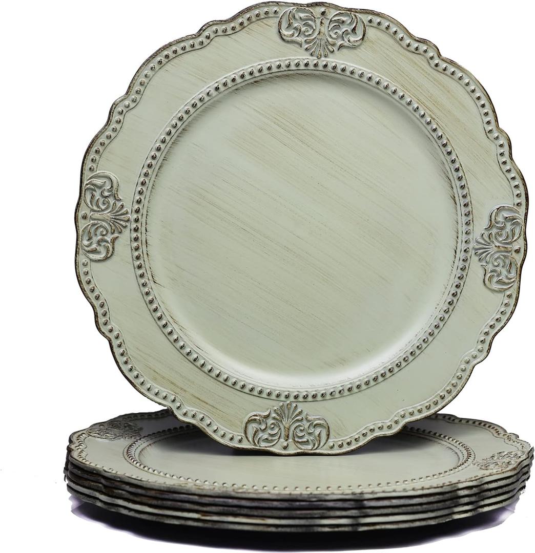 Spsyrine Antique Light Green Charger Plates Set of 6, 13" Plate Chargers for Dinner Plates, Wedding, Banquets, Party