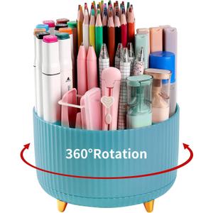 Desk Pencil Pen Holder, 5 Slots 360°Degree Rotating Organizers for, Desktop Storage Stationery Supplies Organizer, Cute Cup Pot Office, School, Home, Art Supply, Blue