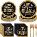 LINHAXM 50 Sets Graduation Plates and Napkins 2026 with Forks Black and Gold Congrats Grad Disposable Paper Plates and Napkins Party Supplies for Graduation Decorations Class of 2026