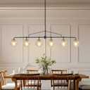 Modern Linear Chandelier Black and Gold Chandelier Dining Room Light Fixture 6 Lights Linear Pendant Light with Seedes Glass Globe Shade for Farmhouse Island Over Tble, Length 51.58 Inch