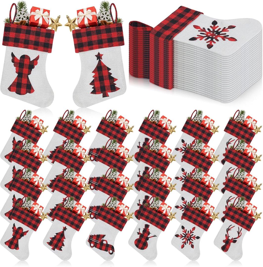 24 Pack Mini Christmas Stockings, 7.8 Inch Red and Black Buffalo Plaid Xmas Hanging Stockings with Different Christmas Patterns for Xmas Party Tree Fireplace Decorations