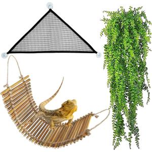 kathson Reptile Bridge for Terrarium,Bearded Dragon Wooden Bridges Gecko Hammock with Hanging Plants Lizard Lounger Bamboo Ladder Reptiles Tank Accessories Climbing for Chameleons Geckos Snakes (3Pcs)