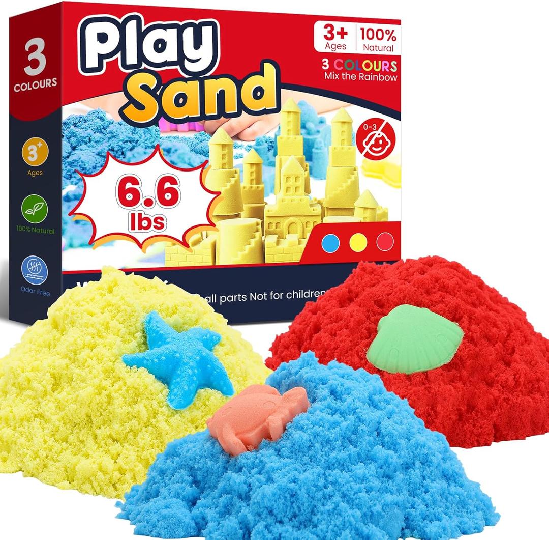 FURWEY 6.6lbs Play Sand,Mixed Packaging of 3-Color Sensory Sand,Suitable for Children to Shaping, Squeezing and Molding Without Molds