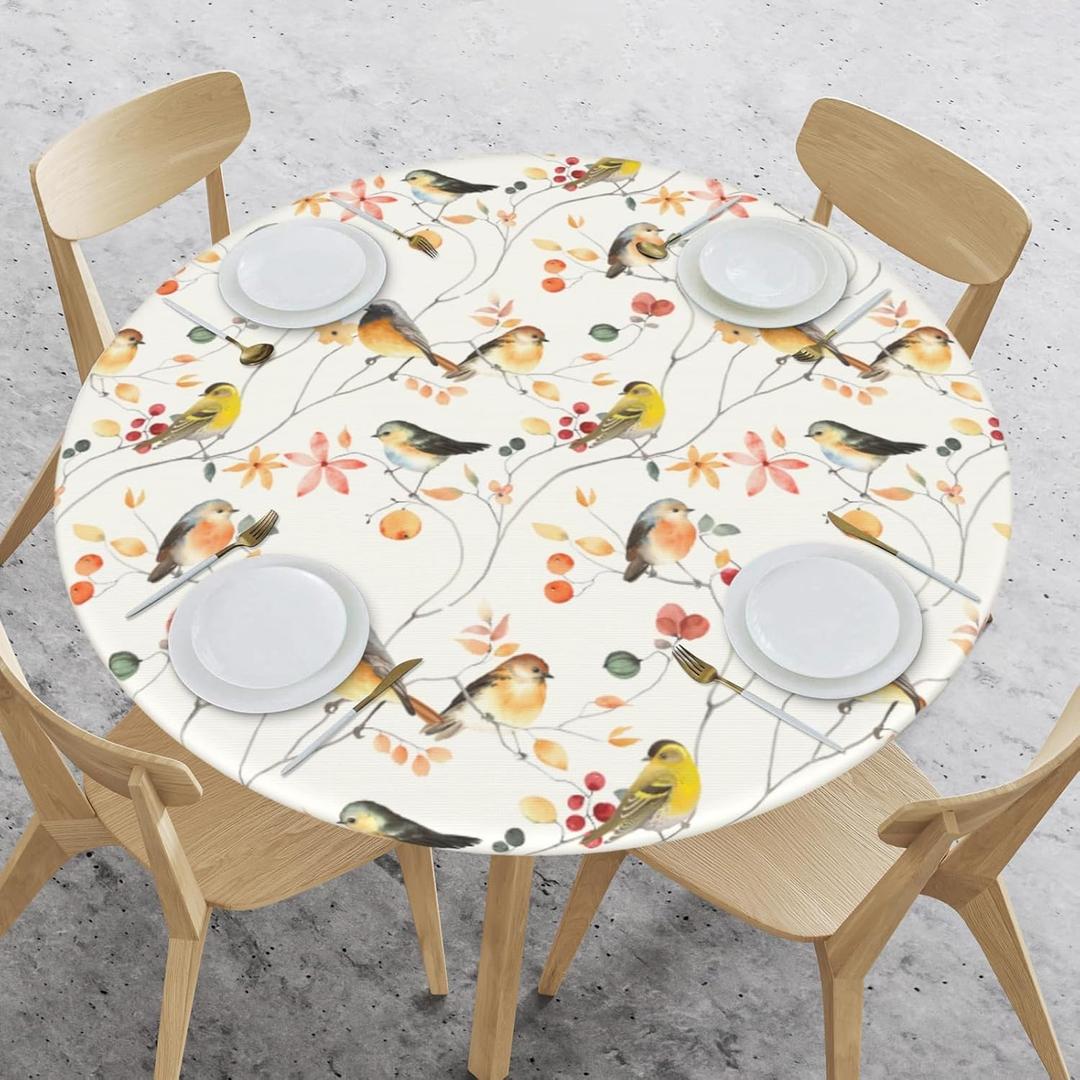 WOAIDY Elastic Round Fitted Tablecloth, Fit Bird Design, Stretchable Polyester Fabric for Kitchen, Dining Party Decor, 45" - 50" Table Cover (Medium) (1)