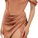 Womens Off Shoulder Split Bustier Corset Satin Dress Strapless Backless High Slit Bodycon Ruched Cocktail Party Dress (Gold, XL)