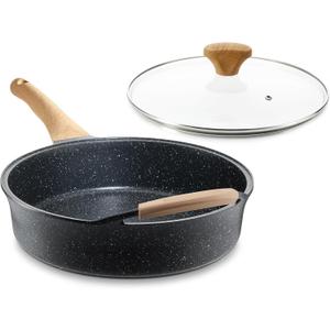 Deep Nonstick Frying Pan with Lid, 4.5 QT Swiss Granite Coating Saut Pan, 12 Inch Healthy Non Stick Skillet Cooking Pan and Helper Handle with Silicone Cover, PFOA Free, Induction Ready.