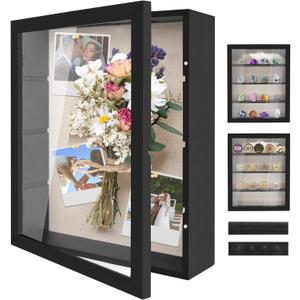 Shadow Box Display Case 11x14, Deep Shadow Box Picture Frame with Linen Back and Removable Shelves, Wooden Memory Box for Wedding Bouquet, Photos, Medals, Keepsakes (Black, 11x14)
