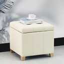Adeco Faux Leather Storage Ottoman with Hinged Lid, 17.5 Inch High Cream White Square Cube Foot Stool with Storage, Upholstered Vanity Stool with Solid Wood Legs for Living Room, Bedroom, Dorm