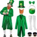Shihanee 9 Pcs Leprechaun Costume Adult Men St. Patrick's Day Outfit Suit Hat Beard Bow Tie Brooch Socks Shoes Buckle Pot (Green, M)