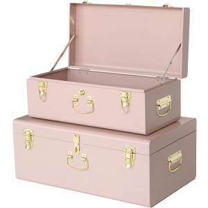 Vixdonos Decorative Metal Box Storage Trunks Set of 2 College Dorm Chest with Handle (Pink)