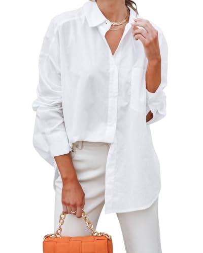 BONITEE Long Sleeve Button Down Shirts Women 2026 Casual Business Work Button Up Blouses Fall Oversized Loose Shirt Tops All-White,M