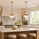 3-Light Brushed Antique Brass Pendant Light Fixtures with 12In Unique Thickened Glass, Vintage Pendant Lights Kitchen Island with Adjustable Chain, Hanging Light Fixtures for Entryway, E26*3