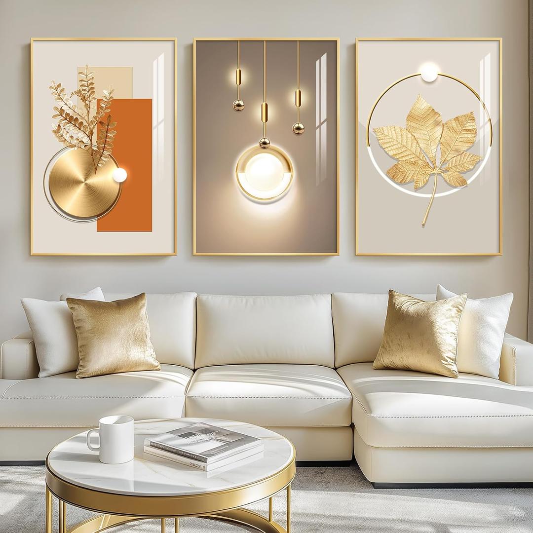 Framed Modern Luxury Gold Large Wall Art for Living Room, Set of 3 Piece Contemporary Paintings Artwork for Walls, Golden Prints with Gold Frame, Big Pictures for Hallway Office Wall Decor 24x36 Inch