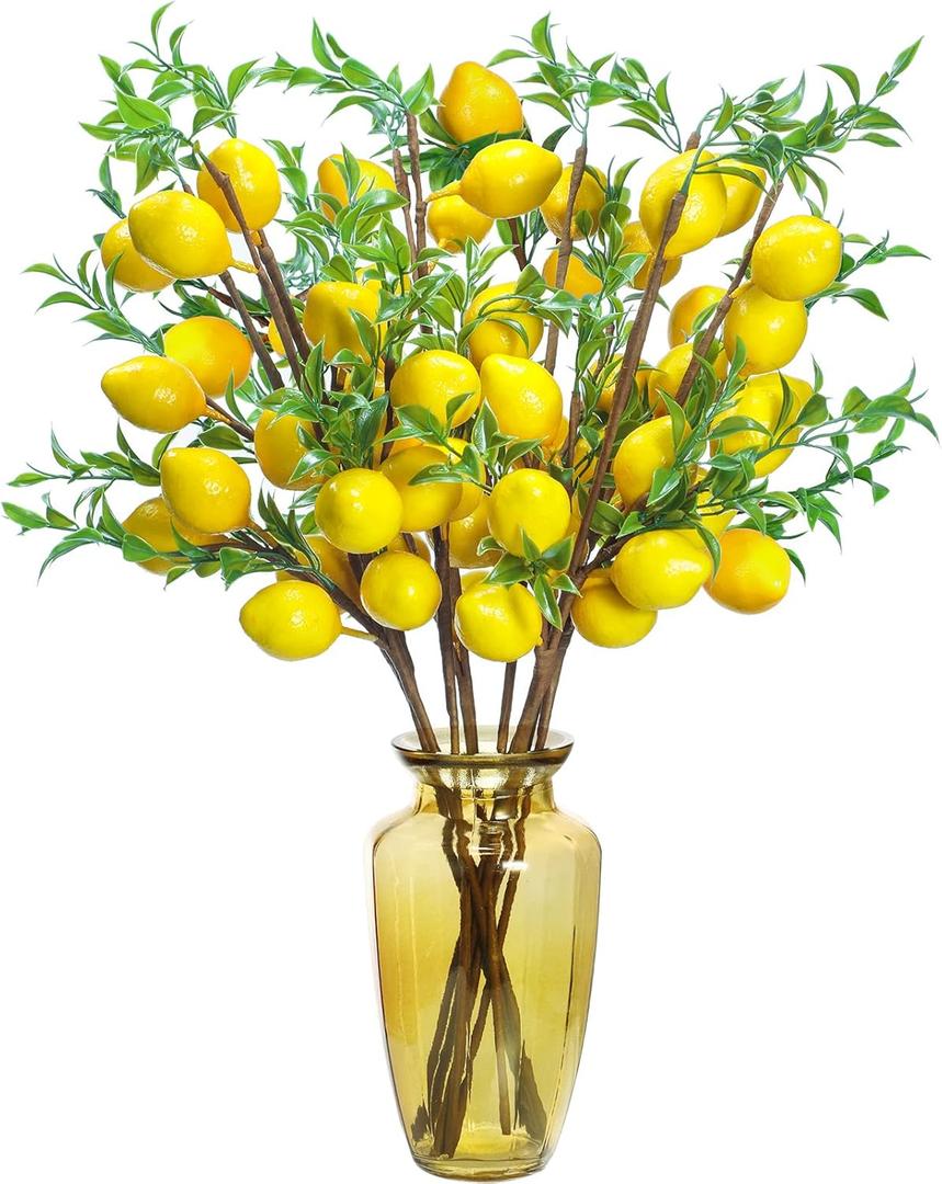 Patelai 10 Pieces Artificial Lemon Branches Yellow Fake Vivid Lemon Decorations Farmhouse Style Table Centerpiece Stem Fruits for Vase Kitchen Party Home Spring Summer Decor, 23.62 Inches
