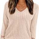 PRETTYGARDEN Women's Long Sleeve Shirts Ribbed Knit V Neck Tee Dressy Casual Blouses Going Out Tunic Tops 2026 Fall Outfits (Beige, XXL)
