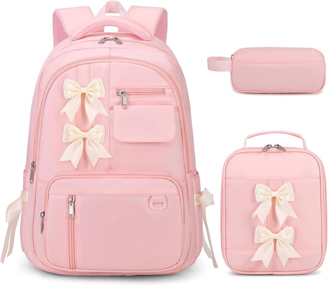 Bevalsa Backpack for Gilrs, Cute School Bags for Kids with Lunch Bag & Pen Case, Bow Bookbag for Girls Children Teens for Elementary Middle High School Student, Back To School Gift (Pink)