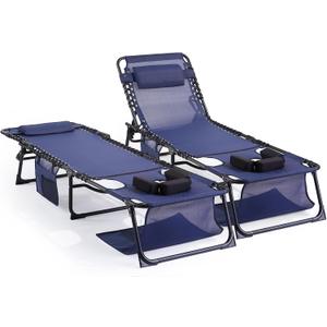 Unovivy Tanning Chairs with Face Hole Set of 2, Patio Lounge Chairs with 5-Position Reclining Back, Portable Folding Outdoor Lounge Chair for Sunbathing, Pool, Patio, Camping, 23.6" x 74.4" x 12.6"