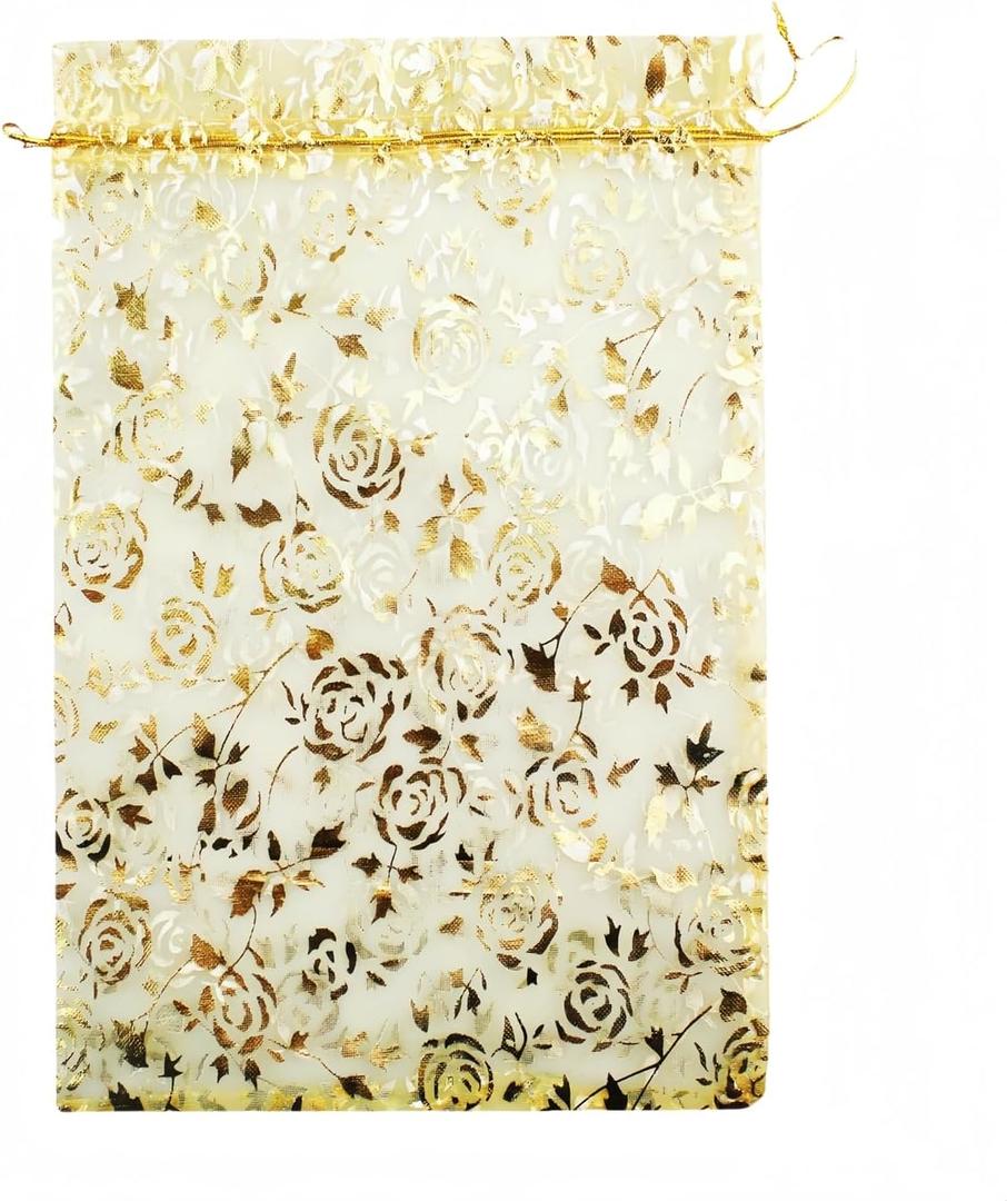 8 x 12 Inch 100 Drawstring Heart Flower Bags Organza Jewelry Gift Pouch Candy Pouch Drawstring Wedding Favor Bags (Gold Flower)