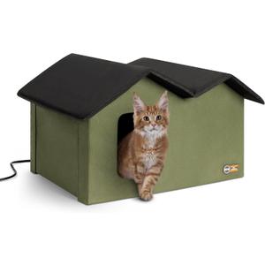 K&H Pet Products Extra-Wide Heated Cat House for Outside, Outdoor Cat House with 2 Safe Escape Doors, Weatherproof Insulated Stray & Feral Shelter with Waterproof Heated Bed, Safety Listed - Olive