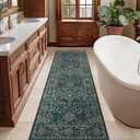 Woaboy Washable 2x6 Runner Area Rug, Hallway Kitchen Bedroom Beside Laundry Room Bathroom RugNon-Slip Low Pile Stain Resistant Soft Carpet for Vintage Boho Floral Home Decor Dark Green/Navy/Black
