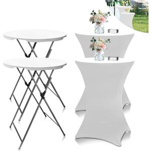 2Sets 32in Hightop Folding Cocktail Tables+Covers, White-Spandex Stretch Folding Bar Table Covers, Removable Legs Bar Height Folding Table Outdoor Indoor Use (2+2White/2Covers+2Tables), 32" X 43.51" X 32"
