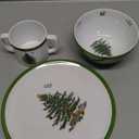 Spode Christmas Tree 3-Piece Melamine Dinnerware Set - 8" Plate, 5" Bowl, 10 Oz Mug - Festive & Durable Holiday Collection for Kids - Christmas Tableware with Classic Tree Motif, Dishwasher Safe