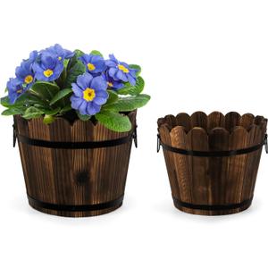 Wooden Barrel Planters Flower Pots for Indoor Outdoor Plants, 10+11.5 inch Rustic Patio Garden Front Porch Planters Plant Pots Outdoor Decor Set of 2