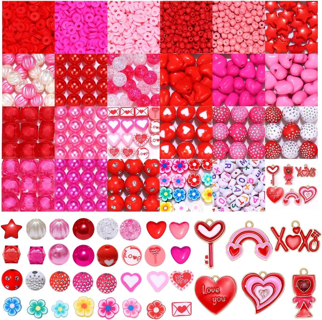 1645PCS+ Valentines Day Beads for Jewelry Making Pink Red Rose Red Heishi Pearl Heart Letter Round Loose Beads with Love Heart Key Rainbow XOXO Pendants for DIY Necklace Bracelets Making Kit