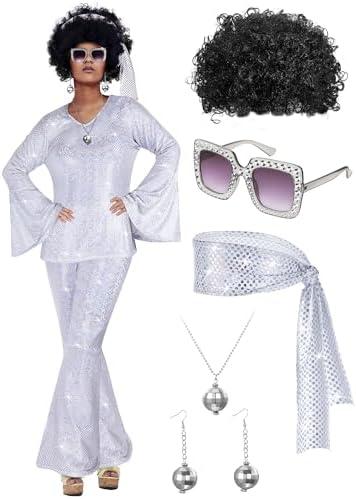 Jexine 70s Women Disco Outfit Costume Disco Party Top Pants Sunglasses Ball Necklace Earring Wig for Halloween New Year Eve, XL