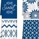 Kajaia 4 Pcs Summer Boho Kitchen Towels 16 x 24 Inch Vintage Towels Modern Geometric Tea Hand Dishcloths Decorative Absorbent Dishcloths for Home Bathroom Gift(Dark Blue,Flower)