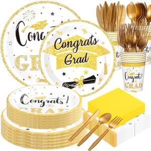 Domensi 400 Pcs 2026 Graduation Decorations Plates and Napkins and Cups Set Serve 50, White and Gold Graduation Party Supplies, Class of 2026 Paper Tableware 9oz Cup Knife Fork Spoon Congrats Grad