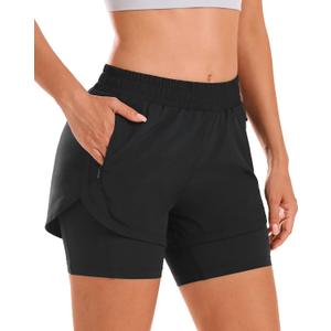 Stelle Women 2 in 1 Running Shorts High Waisted Athletic Shorts Gym Workout Shorts with Liner Zipper Pockets (Black, S)