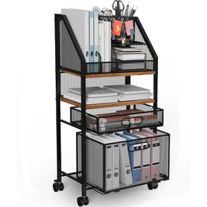 Rolling File Cart with 2 Drawers Metal Moving Craft Storage Cart with Lockable Wheels Wood&Mesh Rolling File Organizer Filing Cabinets for Home Office Classroom Organization(31 * 15 * 10 Inch)