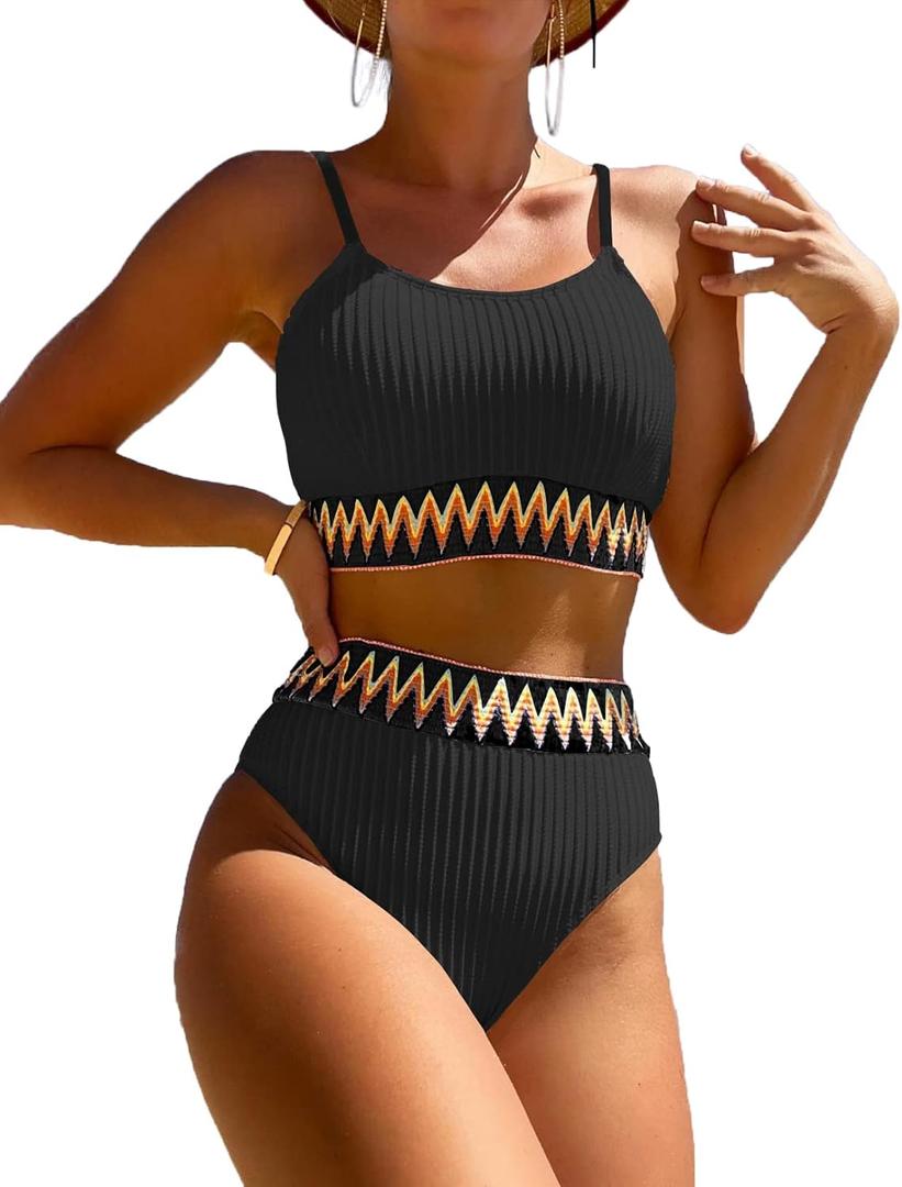 Women's High Waisted Swimsuit Two Piece Ribbed Bikini Sets Crop Top High Cut Cheeky Bathing Suits (X-Large, Black)