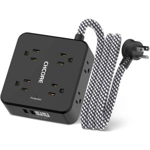Surge Protector Power Strip - CHCORE 5Ft Braided Extension Cord with 8 Outlets with 4 USB (2 USB C) Charging Ports, Flat Plug Multi Plug Outlet Extender Charging Station for Home Office, ETL, Black